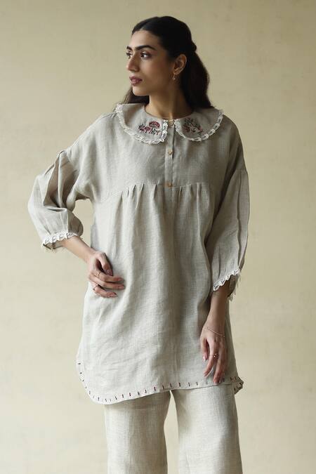 Roza_Beige Gauze Linen Embroidered Thread Peter Alice In Wonderland Tunic _Online_at_Aza_Fashions