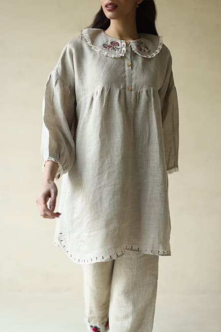 Shop_Roza_Beige Gauze Linen Embroidered Thread Peter Alice In Wonderland Tunic _Online_at_Aza_Fashions