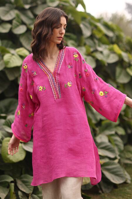 ROZA Fuchsia Embroidered Kaftan-cut Tunic 