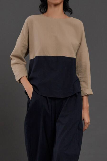 MATI_Blue Cotton Round Neck Rekin Color Block Top And Pant Set_Online_at_Aza_Fashions