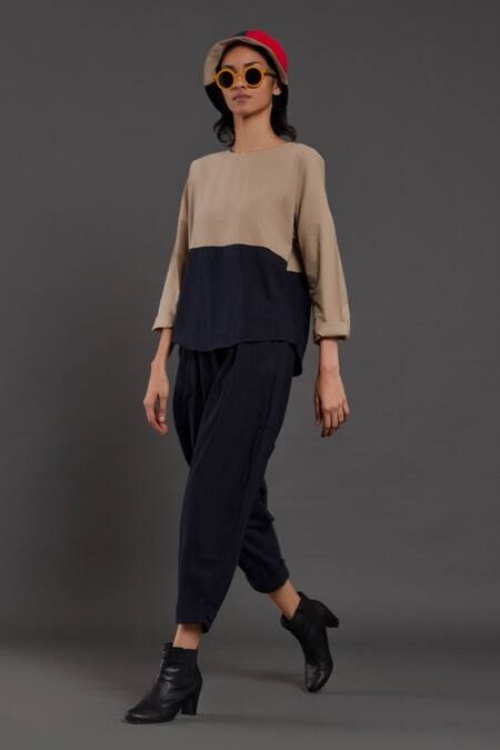 Buy_MATI_Blue Cotton Round Neck Rekin Color Block Top And Pant Set_Online_at_Aza_Fashions