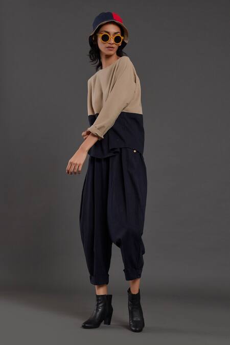 MATI_Blue Cotton Round Neck Rekin Color Block Top And Pant Set_at_Aza_Fashions