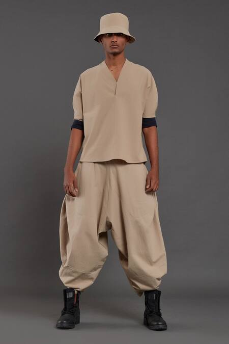 MATI_1_Beige 100% Cotton Plain Overlap Shirt And Pant Set_Online_at_Aza_Fashions