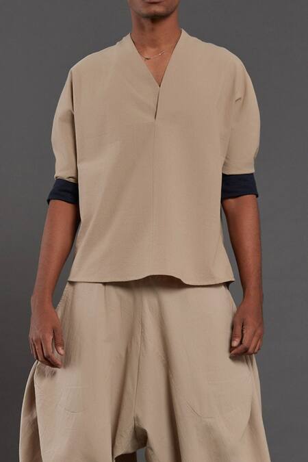 Buy_MATI_1_Beige 100% Cotton Plain Overlap Shirt And Pant Set_Online_at_Aza_Fashions