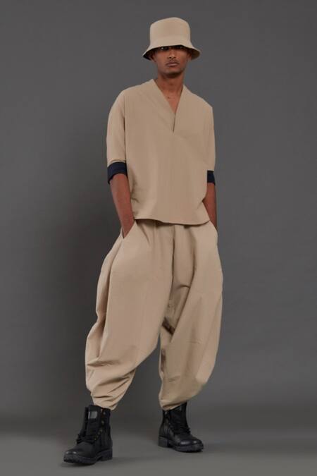 MATI_1_Beige 100% Cotton Plain Overlap Shirt And Pant Set_at_Aza_Fashions