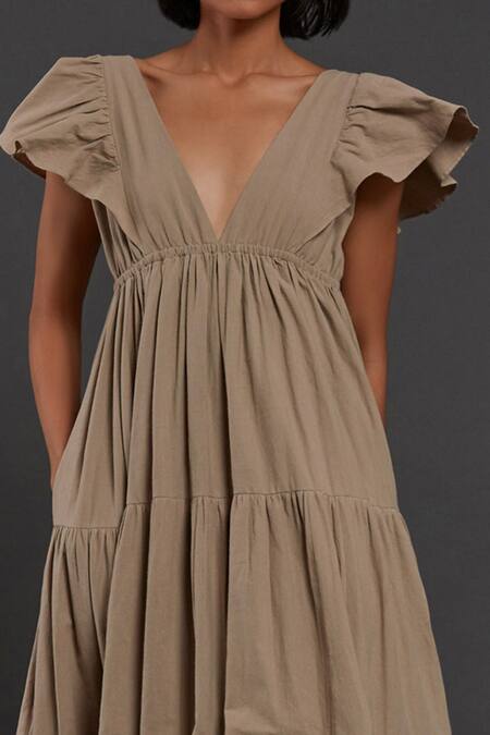 MATI_Beige 100% Cotton Plunge V Neck Tiered Solid Gown_Online_at_Aza_Fashions