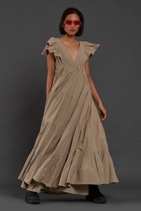 Buy_MATI_Beige 100% Cotton Plunge V Neck Tiered Solid Gown_Online_at_Aza_Fashions