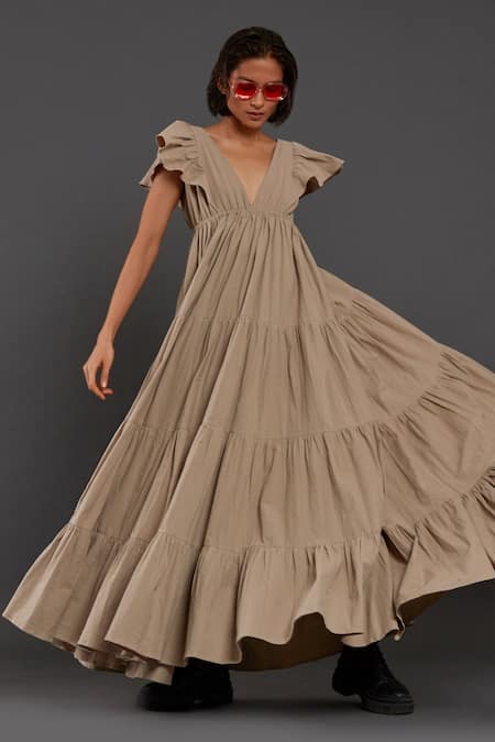 Shop_MATI_Beige 100% Cotton Plunge V Neck Tiered Solid Gown_Online_at_Aza_Fashions