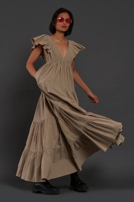 MATI_Beige 100% Cotton Plunge V Neck Tiered Solid Gown_at_Aza_Fashions