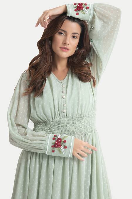 House Of Thl_Green Chiffon Dobby Aari , Thread V Bellrose Embroidered Cuff Dress _Online_at_Aza_Fashions