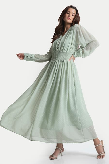 Buy_House Of Thl_Green Chiffon Dobby Aari , Thread V Bellrose Embroidered Cuff Dress _Online_at_Aza_Fashions