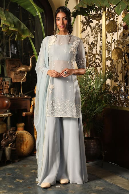 Sahil Kochhar_Blue Viscose, Crepe, Chiffon Lace, Embroidery Round Neck Bhargavi Kurta Set _Online_at_Aza_Fashions