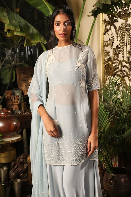 Buy_Sahil Kochhar_Blue Viscose, Crepe, Chiffon Lace, Embroidery Round Neck Bhargavi Kurta Set _Online_at_Aza_Fashions