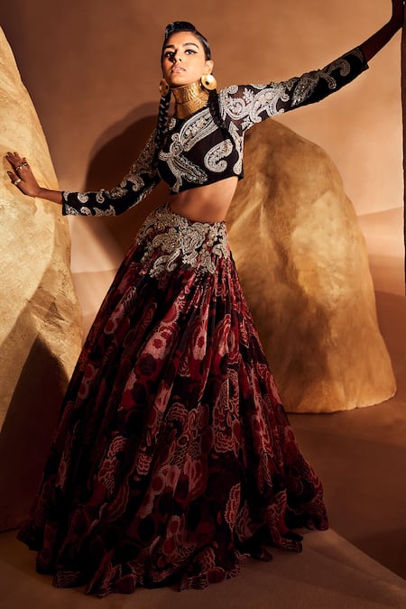 Bhumika Sharma_Black Organza Embroidery Round Neck Ambi Pattern Blouse And Skirt Set _Online_at_Aza_Fashions