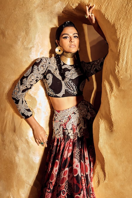 Shop_Bhumika Sharma_Black Organza Embroidery Round Neck Ambi Pattern Blouse And Skirt Set _Online_at_Aza_Fashions