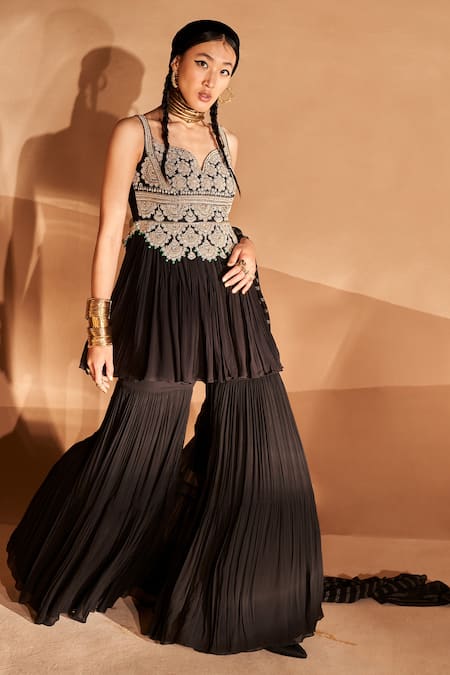 Bhumika Sharma_Black Georgette Embroidery, Mirrors, Pearls Sweetheart Peplum Kurta Sharara Set _Online_at_Aza_Fashions