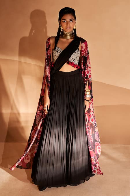 Buy_Bhumika Sharma_Black Georgette Pearls, Sequins, Zari, Bahaar Print Cape Palazzo Saree Set _Online_at_Aza_Fashions