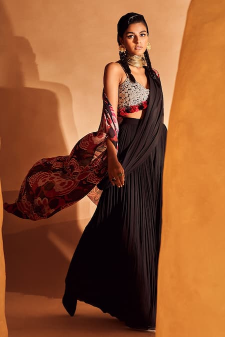 Shop_Bhumika Sharma_Black Georgette Pearls, Sequins, Zari, Bahaar Print Cape Palazzo Saree Set _Online_at_Aza_Fashions