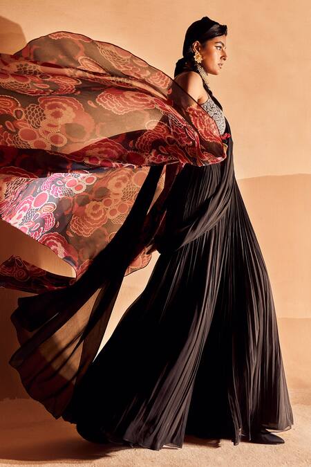 Bhumika Sharma_Black Georgette Pearls, Sequins, Zari, Bahaar Print Cape Palazzo Saree Set _at_Aza_Fashions