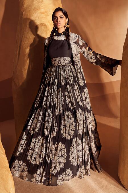 Bhumika Sharma Black Georgette Zari, Pearls Round Neck Tara Print Jacket And Anarkali Set Online at Aza Fashions Bhumika Sharma_Black Georgette Zari, Pearls Round Neck Tara Print Jacket And Anarkali Set _Online_at_Aza_Fashions