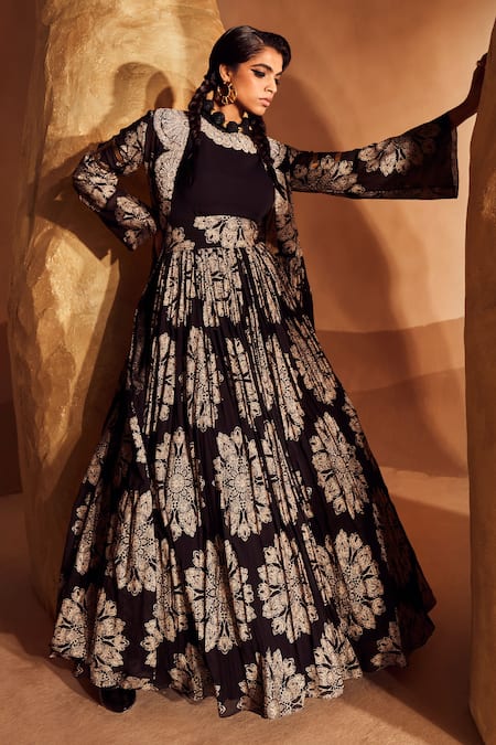 Buy Bhumika Sharma Black Georgette Zari, Pearls Round Neck Tara Print Jacket And Anarkali Set Online at Aza Fashions Buy_Bhumika Sharma_Black Georgette Zari, Pearls Round Neck Tara Print Jacket And Anarkali Set _Online_at_Aza_Fashions