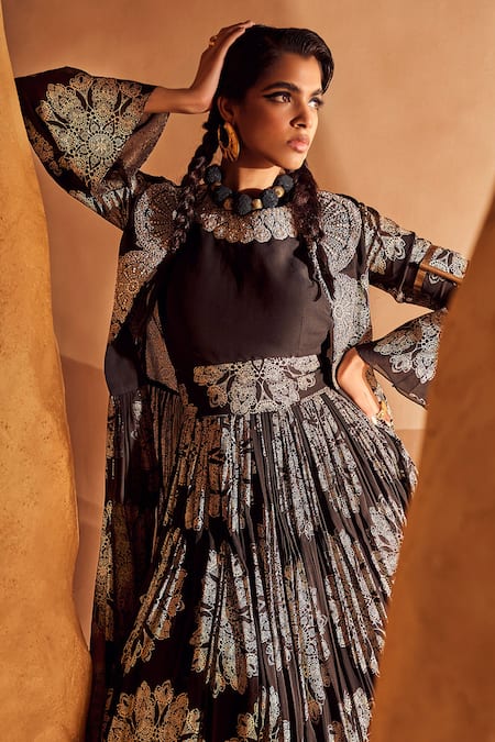 Shop Bhumika Sharma Black Georgette Zari, Pearls Round Neck Tara Print Jacket And Anarkali Set Online at Aza Fashions Shop_Bhumika Sharma_Black Georgette Zari, Pearls Round Neck Tara Print Jacket And Anarkali Set _Online_at_Aza_Fashions