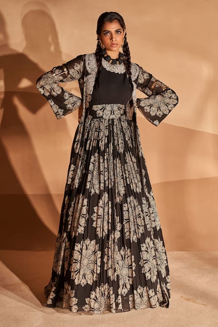 Bhumika Sharma Black Georgette Zari, Pearls Round Neck Tara Print Jacket And Anarkali Set at Aza Fashions Bhumika Sharma_Black Georgette Zari, Pearls Round Neck Tara Print Jacket And Anarkali Set _at_Aza_Fashions