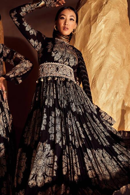 Shop Bhumika Sharma Black Georgette Embroidery, Beads, Zari, Pearls Tara Print Anarkali With Belt Online at Aza Fashions Shop_Bhumika Sharma_Black Georgette Embroidery, Beads, Zari, Pearls Tara Print Anarkali With Belt _Online_at_Aza_Fashions