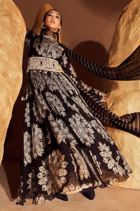 Bhumika Sharma Black Georgette Embroidery, Beads, Zari, Pearls Tara Print Anarkali With Belt at Aza Fashions Bhumika Sharma_Black Georgette Embroidery, Beads, Zari, Pearls Tara Print Anarkali With Belt _at_Aza_Fashions