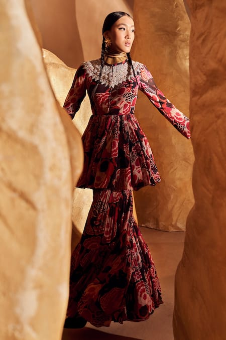 Bhumika Sharma_Black Georgette Embroidery Round Neck Printed Peplum Kurta And Sharara Set _Online_at_Aza_Fashions