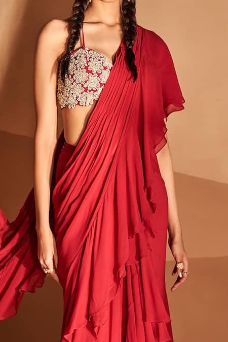Bhumika Sharma Red Georgette Embroidery Sweetheart Neck Layered Ruffle Saree With Bustier Online at Aza Fashions Bhumika Sharma_Red Georgette Embroidery Sweetheart Neck Layered Ruffle Saree With Bustier _Online_at_Aza_Fashions