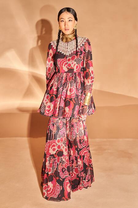 Bhumika Sharma_Black Georgette Embroidery Round Neck Printed Peplum Kurta And Sharara Set _at_Aza_Fashions