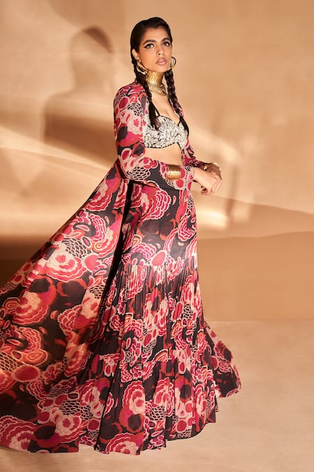 Bhumika Sharma_Black Georgette Sequins, Zari, Pearls Open Bahaar Print Jacket And Sharara Set _Online_at_Aza_Fashions