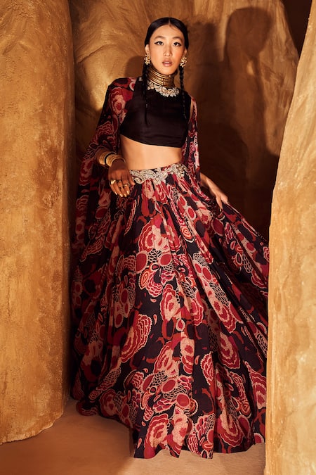 Buy Bhumika Sharma Black Georgette Embroidery Round Neck Printed Cape And Lehenga Set Online at Aza Fashions Buy_Bhumika Sharma_Black Georgette Embroidery Round Neck Printed Cape And Lehenga Set _Online_at_Aza_Fashions