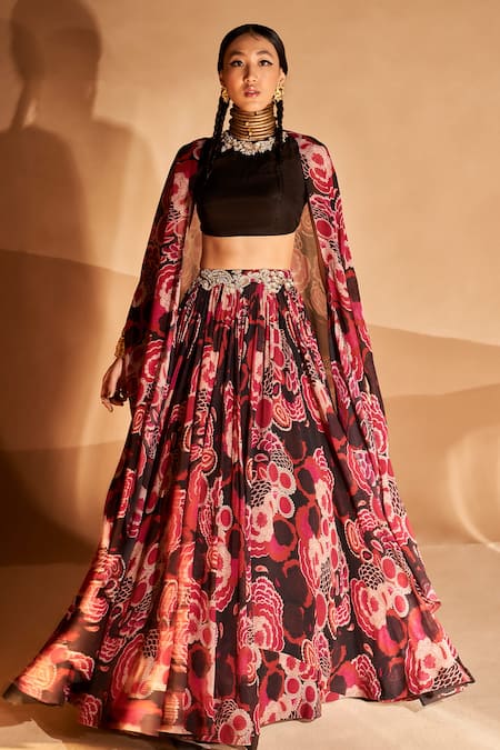 Shop Bhumika Sharma Black Georgette Embroidery Round Neck Printed Cape And Lehenga Set Online at Aza Fashions Shop_Bhumika Sharma_Black Georgette Embroidery Round Neck Printed Cape And Lehenga Set _Online_at_Aza_Fashions