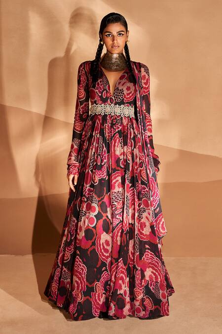 Bhumika Sharma_Black Georgette Embroidery, Zari Sweetheart Neck Bahaar Print Anarkali With Belt _Online_at_Aza_Fashions