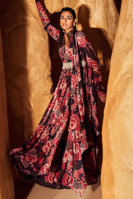 Buy_Bhumika Sharma_Black Georgette Embroidery, Zari Sweetheart Neck Bahaar Print Anarkali With Belt _Online_at_Aza_Fashions