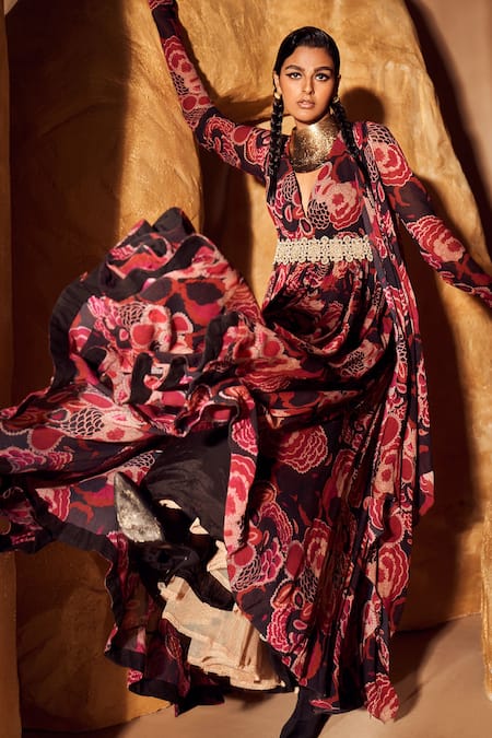 Shop_Bhumika Sharma_Black Georgette Embroidery, Zari Sweetheart Neck Bahaar Print Anarkali With Belt _Online_at_Aza_Fashions