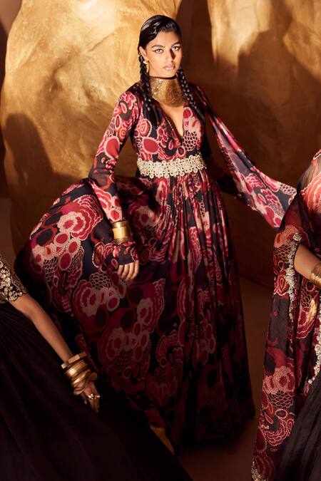 Bhumika Sharma_Black Georgette Embroidery, Zari Sweetheart Neck Bahaar Print Anarkali With Belt _at_Aza_Fashions