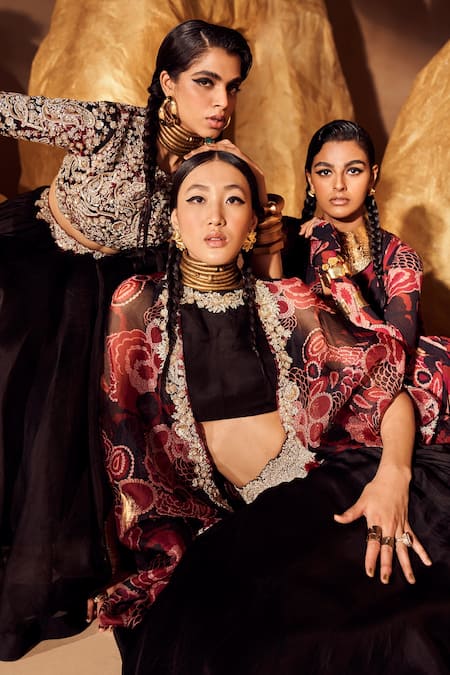 Buy_Bhumika Sharma_Black Organza Embroidery Round Neck Gulbahar Print Cape And Lehenga Set _Online_at_Aza_Fashions