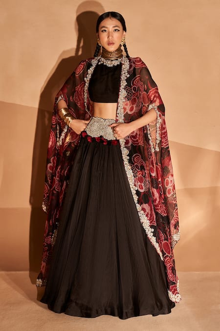 Shop_Bhumika Sharma_Black Organza Embroidery Round Neck Gulbahar Print Cape And Lehenga Set _Online_at_Aza_Fashions