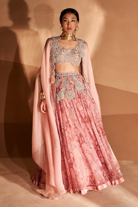 Bhumika Sharma Pink Organza Sequins, Pearls Scoop Neck Printed And Embroidered Cape Lehenga Set Online at Aza Fashions Bhumika Sharma_Pink Organza Sequins, Pearls Scoop Neck Printed And Embroidered Cape Lehenga Set _Online_at_Aza_Fashions