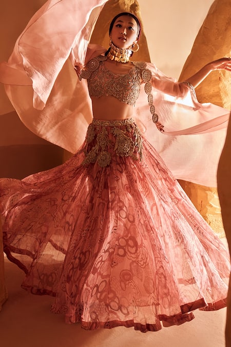 Shop Bhumika Sharma Pink Organza Sequins, Pearls Scoop Neck Printed And Embroidered Cape Lehenga Set Online at Aza Fashions Shop_Bhumika Sharma_Pink Organza Sequins, Pearls Scoop Neck Printed And Embroidered Cape Lehenga Set _Online_at_Aza_Fashions