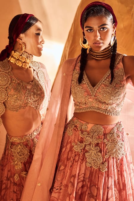 Buy Bhumika Sharma Pink Organza Zari, Embroidery V-neck Bahaar Print Lehenga Set Online at Aza Fashions Buy_Bhumika Sharma_Pink Organza Zari, Embroidery V-neck Bahaar Print Lehenga Set _Online_at_Aza_Fashions