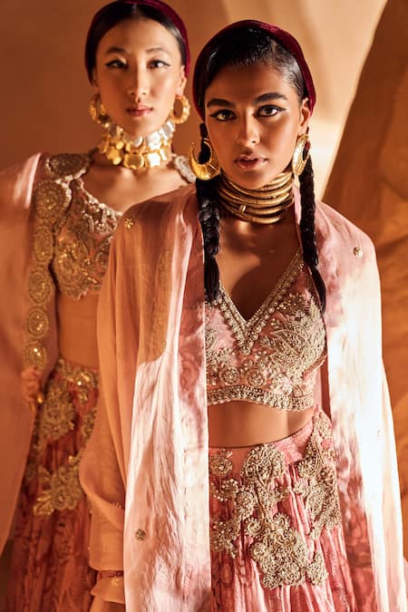Shop Bhumika Sharma Pink Organza Zari, Embroidery V-neck Bahaar Print Lehenga Set Online at Aza Fashions Shop_Bhumika Sharma_Pink Organza Zari, Embroidery V-neck Bahaar Print Lehenga Set _Online_at_Aza_Fashions