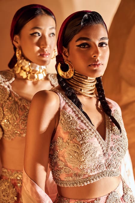 Bhumika Sharma Pink Organza Zari, Embroidery V-neck Bahaar Print Lehenga Set at Aza Fashions Bhumika Sharma_Pink Organza Zari, Embroidery V-neck Bahaar Print Lehenga Set _at_Aza_Fashions