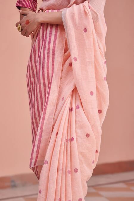 Buy_Dressfolk_Peach Linen Zari, Beads Bindiya Polka Dot Pattern Saree With Running Blouse_Online_at_Aza_Fashions