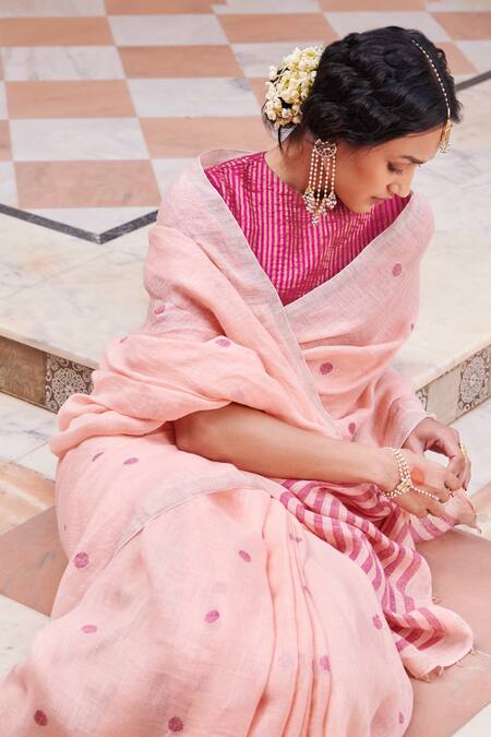 Shop_Dressfolk_Peach Linen Zari, Beads Bindiya Polka Dot Pattern Saree With Running Blouse_Online_at_Aza_Fashions