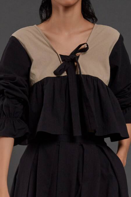 Buy_MATI_1_Black 100% Cotton V Neck Balloon Sleeve Crop Top And Skirt Set _Online_at_Aza_Fashions