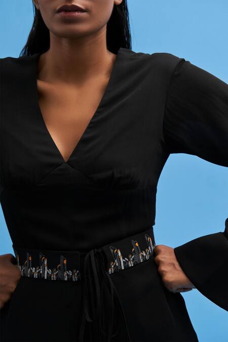 Siddhant Agrawal Black Cotton Embroidery V-neck Chrysler Jumpsuit With Belt at Aza Fashions Siddhant Agrawal_Black Cotton Embroidery V-neck Chrysler Jumpsuit With Belt _at_Aza_Fashions